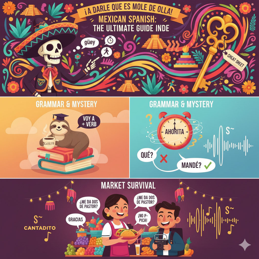 Infographic of Mexican Spanish Slang Guide featuring a Calavera and a golden key to unlock local fluency.