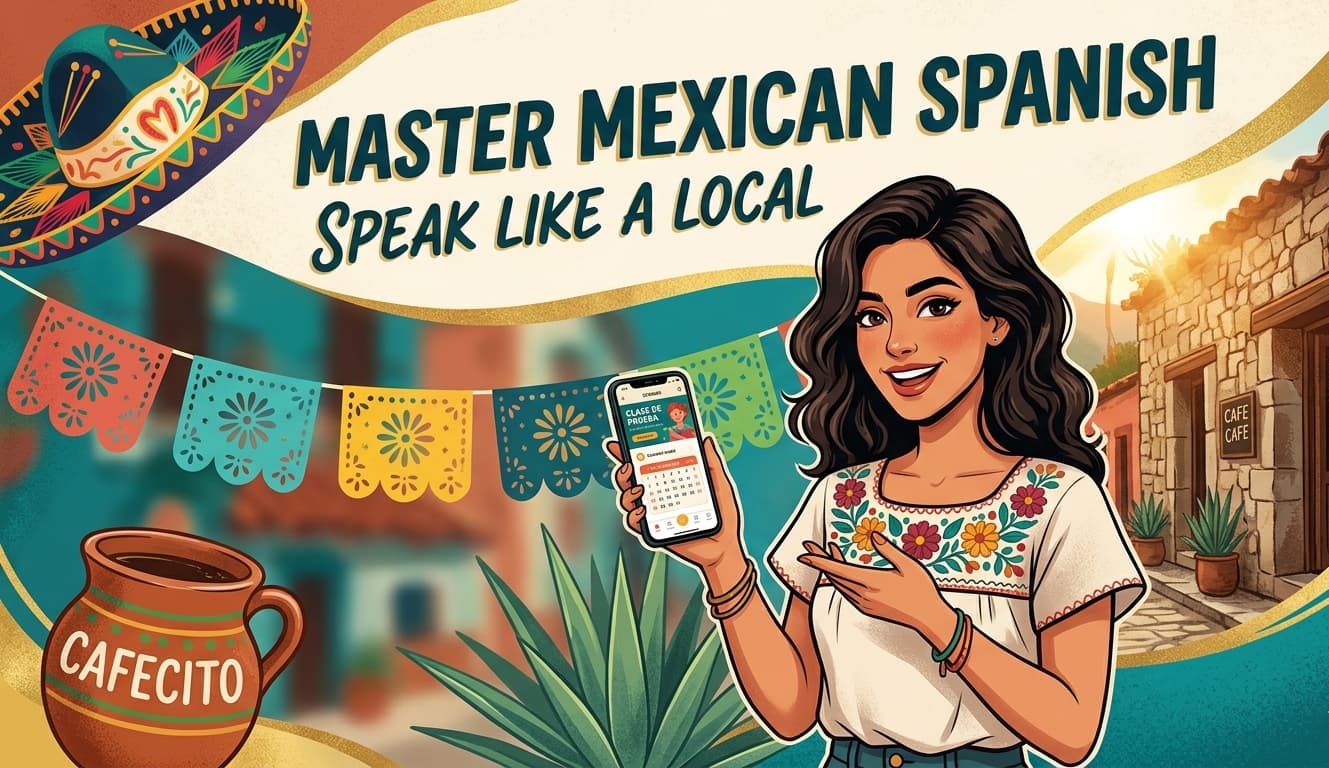 Young woman holding a phone with 'Clase de Prueba' app, surrounded by Mexican cultural icons like a mariachi hat and papel picado. Header for Mexican Spanish Slang Guide.