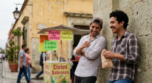 Two young Mexican men laughing and talking outdoors on a street in Oaxaca next to an elotes food cart that has signs reading Elotes Sabrosos and elotes tiernitos.